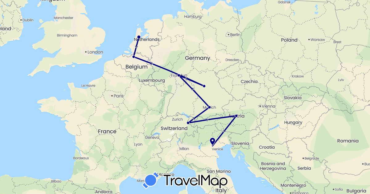 TravelMap itinerary: driving in Austria, Belgium, Germany, Italy, Liechtenstein, Netherlands (Europe)
